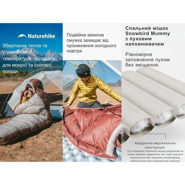 Спальник з натуральним пухом Naturehike Snowbird CNK2550WS014, p-р L, темно-коричневий 400 г 6927595784396 фото
