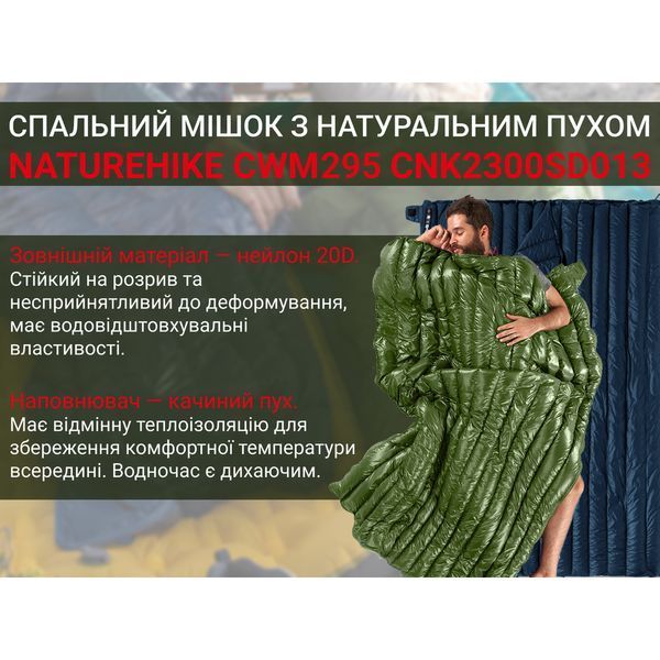 Спальный мешок с натуральным пухом Naturehike CWM295 CNK2300SD013, зеленый 6976023920882 фото